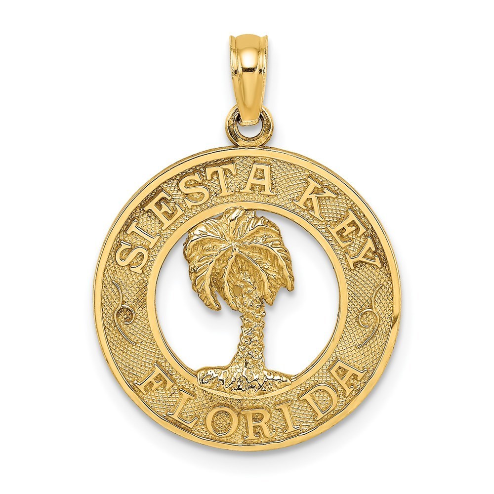 14k Yellow Gold Small Travel Siesta Key Florida W/Palm Tree Circle Charm